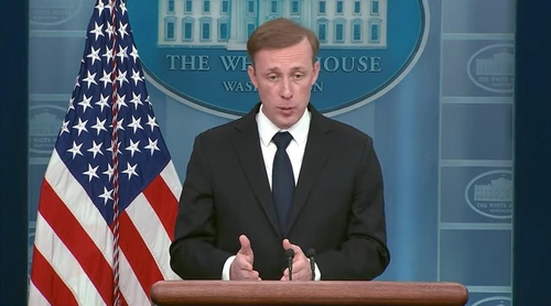 National Security Advisor Jake Sullivan answers questions during a press briefing at the White House in Washington on April 24, 2023, in this captured image. (PHOTO NOT FOR SALE) (Yonhap)