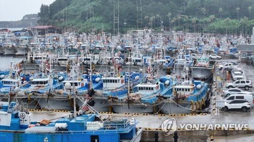 Ships take shelter at Seogwipo Port on the country's southern Jeju Island on Aug. 9, 2023, as Typhoon Khanun approaches. (Yonhap)