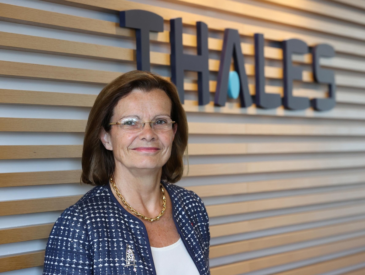 Pascale Sourisse, senior executive vice president of Thales Group, poses for photo at the entrance of Thales Korea in Seoul on Sept. 6, 2023. (Yonhap) 