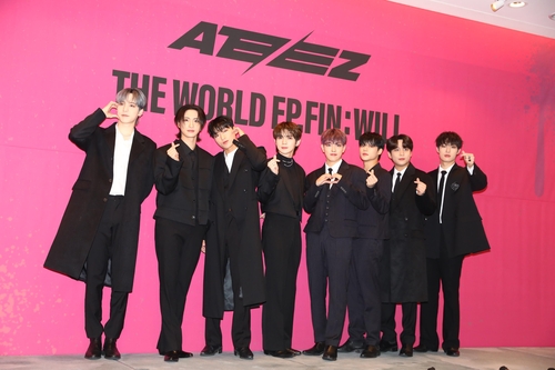 K-pop boy group Ateez poses for a photo during a press conference to promote its second studio album, "The World Ep. Fin: Will," on Dec. 1, 2023. (PHOTO NOT FOR SALE) (Yonhap)