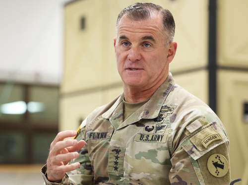Gen. Charles Flynn, the commanding general of U.S. Army Pacific, speaks during an interview with Yonhap News Agency at Vandal Training Center in Camp Humphreys in Pyeongtaek, 60 kilometers south of Seoul, on April 6, 2024. (Yonhap)