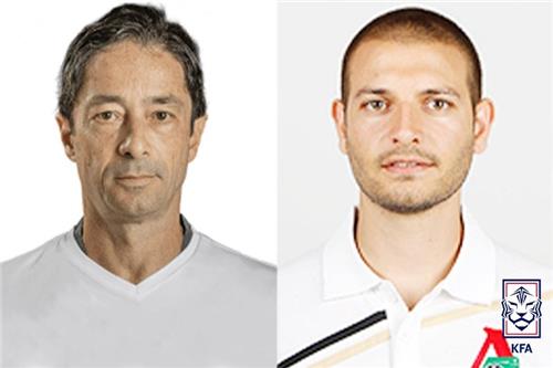 This composite photo provided by the Korea Football Association shows Joao Aroso (L) and Tiago Maia, two Portuguese-born coaches named to the South Korean men's national team staff on Aug. 21, 2024. (PHOTO NOT FOR SALE) (Yonhap)