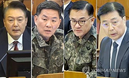 Esta imagen combinada muestra al presidente Yoon Suk Yeol (L); Lee Jin-Woo (2º de L), ex jefe del Comando de Defensa de Capital; Yeo In-Hyung (2º de R), ex jefe del comando de contrainteligencia de defensa; y Hong Jang-Won, ex subdirector del Servicio Nacional de Inteligencia, hablando durante la quinta audiencia formal del juicio de juicio de juicio en el Tribunal Constitucional en Seúl el 4 de febrero de 2025. (Yonhap)