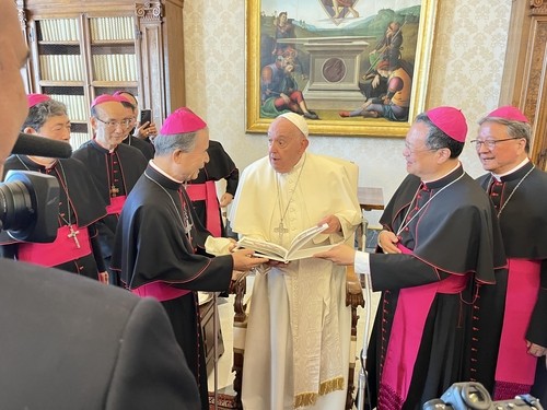 A delegation of South Korean bishops converse with Pope Francis (C) at the Clementine Hall in the Vatican on Sept. 20, 2024, in this file photo provided by the delegation. (PHOTO NOT FOR SALE) (Yonhap)