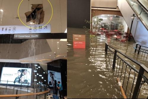 Cette combinaison d'images capturée sur les réseaux sociaux le 8 août 2022 montre le plafond du centre commercial IFC (à g.), dans l'ouest de Séoul, inondé d'eau de pluie ainsi que le complexe de restaurants Famille Station de Shinsegae sous l'eau le même jour.