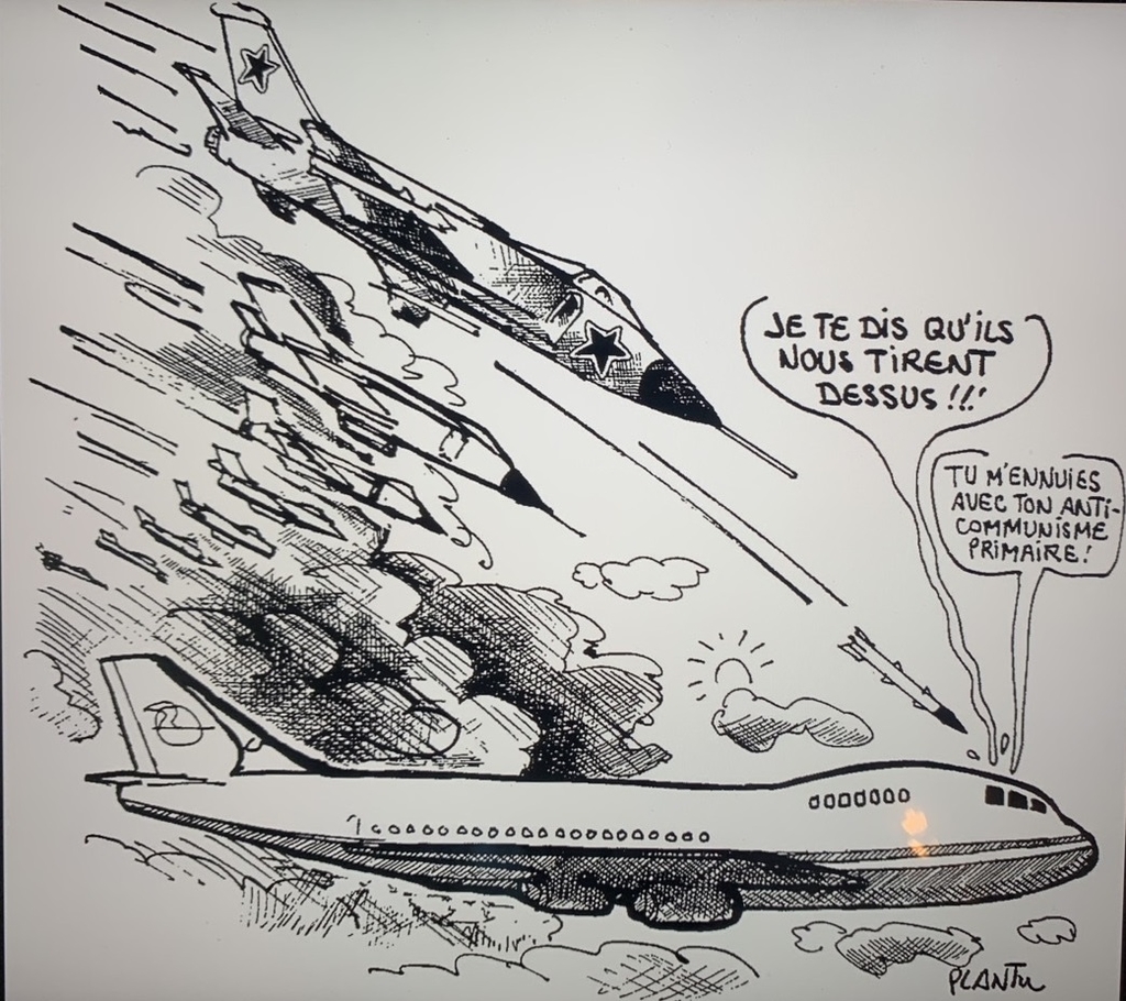 Un dessin du dessinateur Plantu sur l'avion Korean Air 007 abattu par des chasseurs soviétiques en 1983. (Capture d'image de l'appareil mobile de Plantu. Revente et archivage interdits)