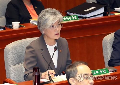 国会予算決算特別委員会で答弁する康長官＝２９日、ソウル（聯合ニュース）