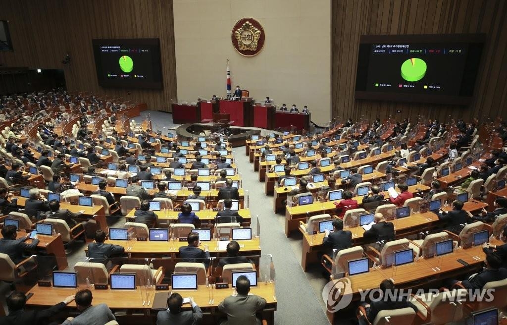 国会本会議で補正予算案が可決、成立した＝２５日、ソウル（聯合ニュース）