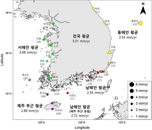 韓国沿岸の海面水位　３３年で９．９センチ上昇