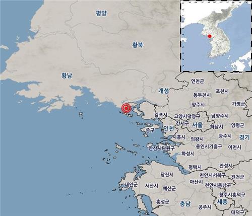 ９日午前１時２８分ごろ、仁川市江華郡の西２５キロの海域でＭ３．７の地震が発生した（気象庁提供）＝（聯合ニュース）≪転載・転用禁止≫
