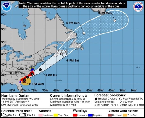 허리케인 도리안의 이동경로.