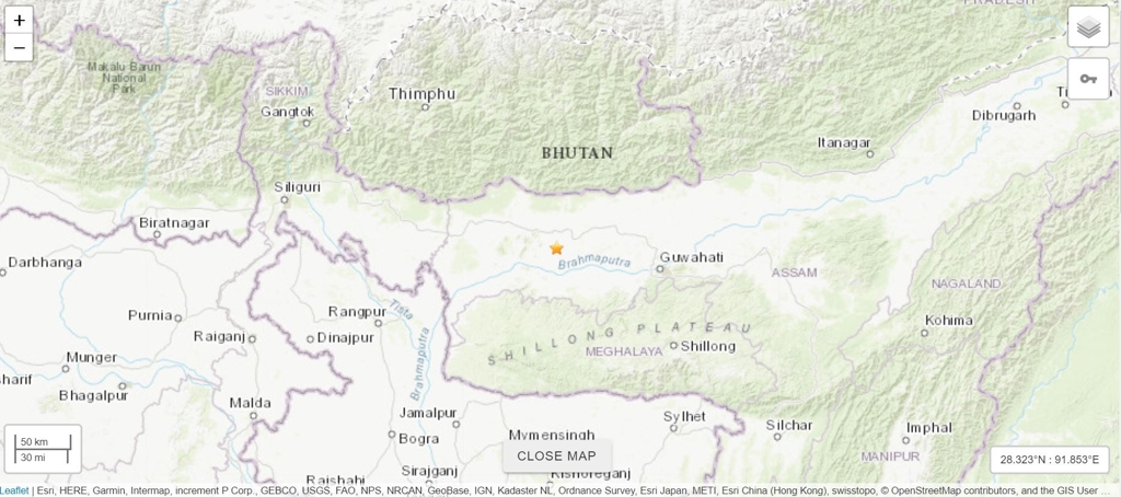 지진이 난 인도 북동부 아바아푸리 부근(노란 별표)