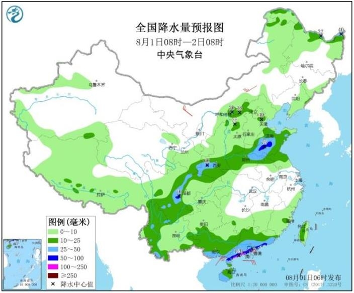 1일 오전8시부터 24시간 동안 중국 전역의 강수예보