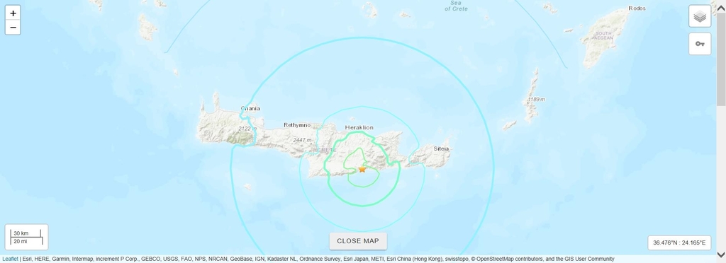 그리스 크레타섬 지진 발생 지역 [미국 지질조사국 홈페이지 캡처]