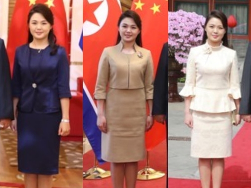 '샤넬라인' 치마 정장을 입은 북한 리설주 여사