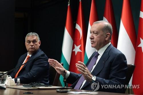 헝가리 총리와 공동회견하는 에르도안 터키 대통령(오른쪽) [AFP=연합뉴스 자료사]