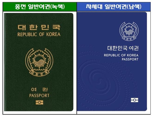 종전 일반여권(녹색)과 차세대 일반여권(남색)