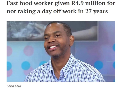 남아공서 27년간 휴무없이 일한 버거킹 직원에 3억9천만원 성금