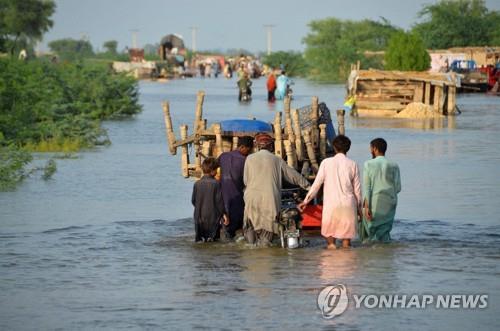 파키스탄 소바트푸르 지역의 물에 잠긴 도로에서 가재도구를 싣고 이동하는 주민