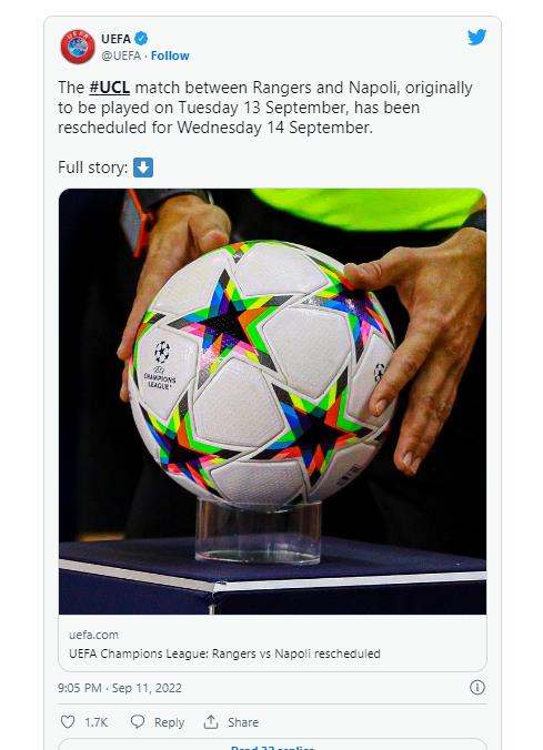 레인저스-나폴리의 챔피언스리그 경기 일정 변경을 알린 UEFA.