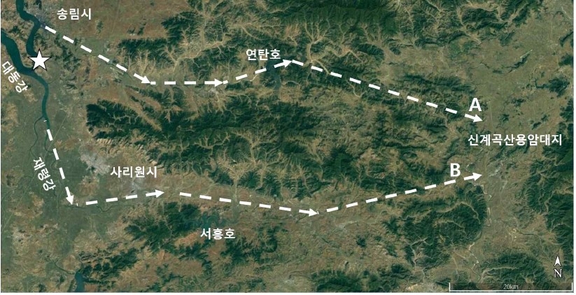 서해갑문-재령강-사-신계곡산용암대지 구간의 예상경로(B코스)