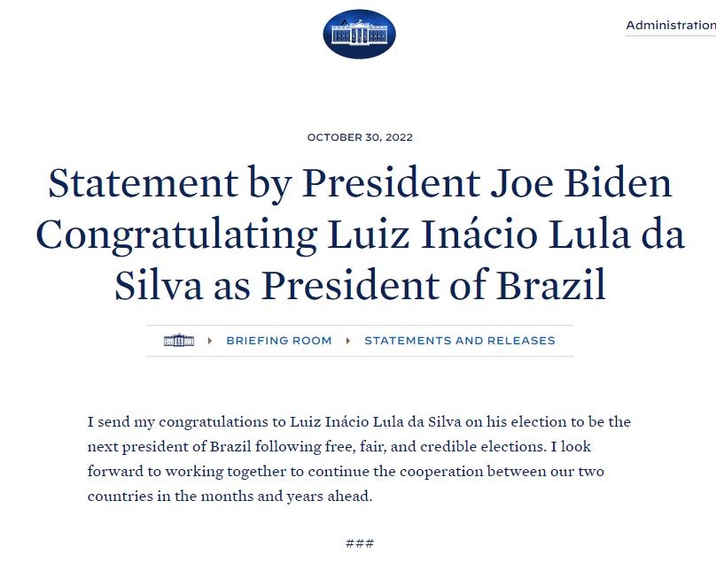 바이든 미국 대통령의 룰라 브라질 대통령 당선인 축하 메시지
