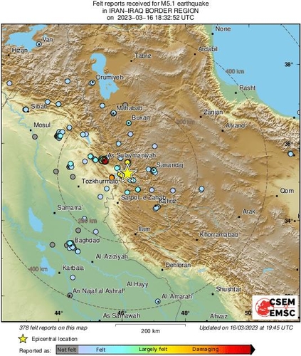 이란-이라크 국경서 규모 5.1 지진