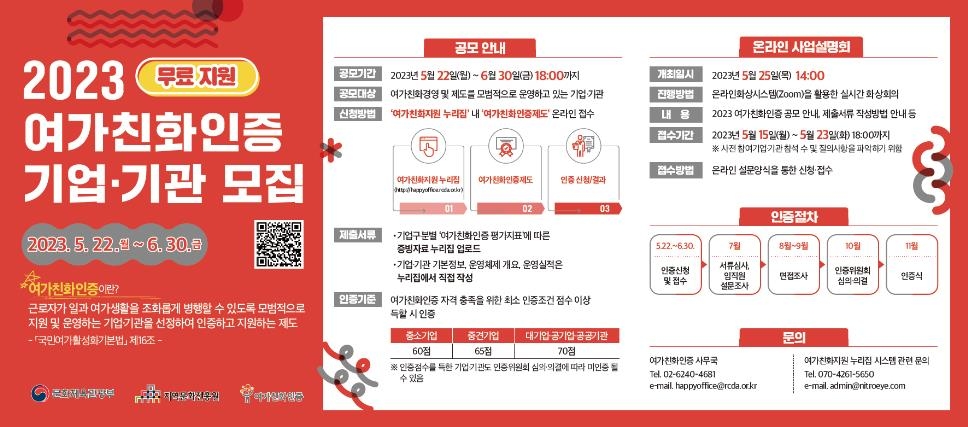 '2023 여가친화인증' 기업과 기관 모집 포스터 