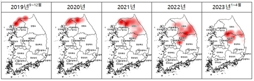 연도별 야생멧돼지 아프리카돼지열병 발생 지역