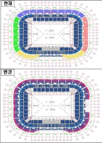 문수축구경기장 현재 관중석 색상(위)과 변경 예정인 색상(아래). [울산시 제공. 재판매 및 DB 금지]