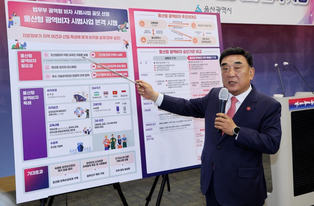 울산형 광역비자 제도 브리핑하는 김두겸 울산시장