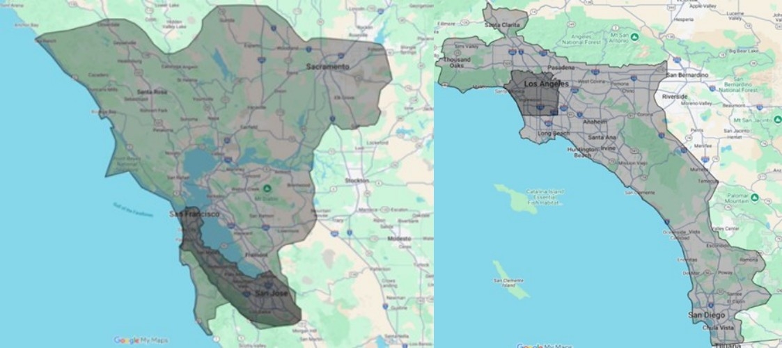 웨이모 자율주행 기존 허가지역(진한 음영)과 새 허가지역(옅은 음영) [캘리포니아주 DMV 홈페이지 캡처. 재판매 및 DB 금지]