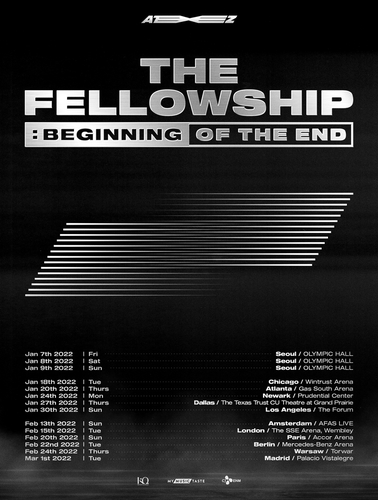 La imagen, proporcionada por KQ Entertainment, muestra el póster de "THE FELLOWSHIP : BEGINNING OF THE END", la próxima gira mundial de ATEEZ. (Prohibida su reventa y archivo)