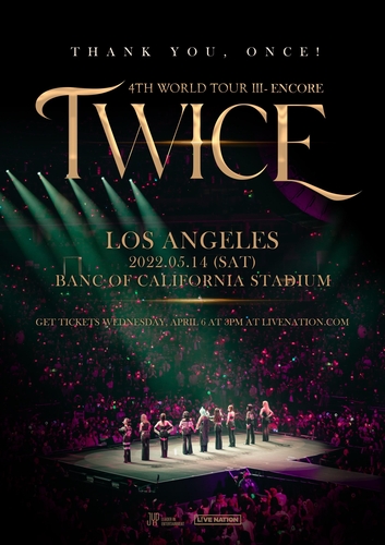 La imagen, proporcionada, el 31 de marzo de 2022, por JYP Entertainment, muestra un póster promocional del concierto adicional del grupo femenino de K-pop TWICE, que se llevará a cabo, el 14 de mayo (hora de EE. UU.), en Los Ángeles. (Prohibida su reventa y archivo)