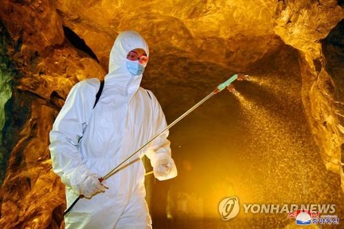 La foto, publicada, el 20 de mayo de 2022, por la KCNA, muestra a un trabajador sanitario norcoreano realizando trabajos de desinfección en el zoológico central de Pyongyang. (Uso exclusivo dentro de Corea del Sur. Prohibida su distribución parcial o total)