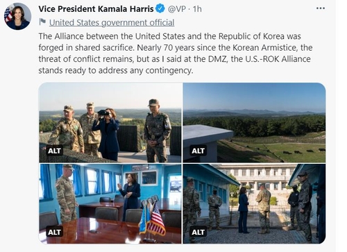 La imagen, capturada de la cuenta de Twitter de la vicepresidenta de EE. UU., Kamala Harris, muestra un tuit de Harris, realizado el 29 de septiembre de 2022, sobre su visita a la Zona Desmilitarizada durante su viaje a Corea del Sur. (Prohibida su reventa y archivo)
