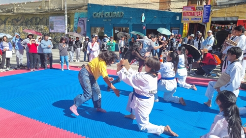 La foto, proporcionada por la Embajada de Corea del Sur ante Bolivia, muestra a los participantes experimentando el taekwondo, el 3 de agosto de 2024 (hora local), en La Paz, Bolivia, durante el evento de la Semana Coreana. (Prohibida su reventa y archivo)