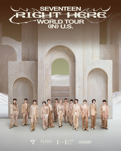 La imagen, sin fechar, proporcionada por Pledis Entertainment, muestra el póster para "SEVENTEEN [RIGHT HERE] WORLD TOUR IN US", la próxima gira por EE. UU. del grupo masculino de K-pop Seventeen. (Prohibida su reventa y archivo)