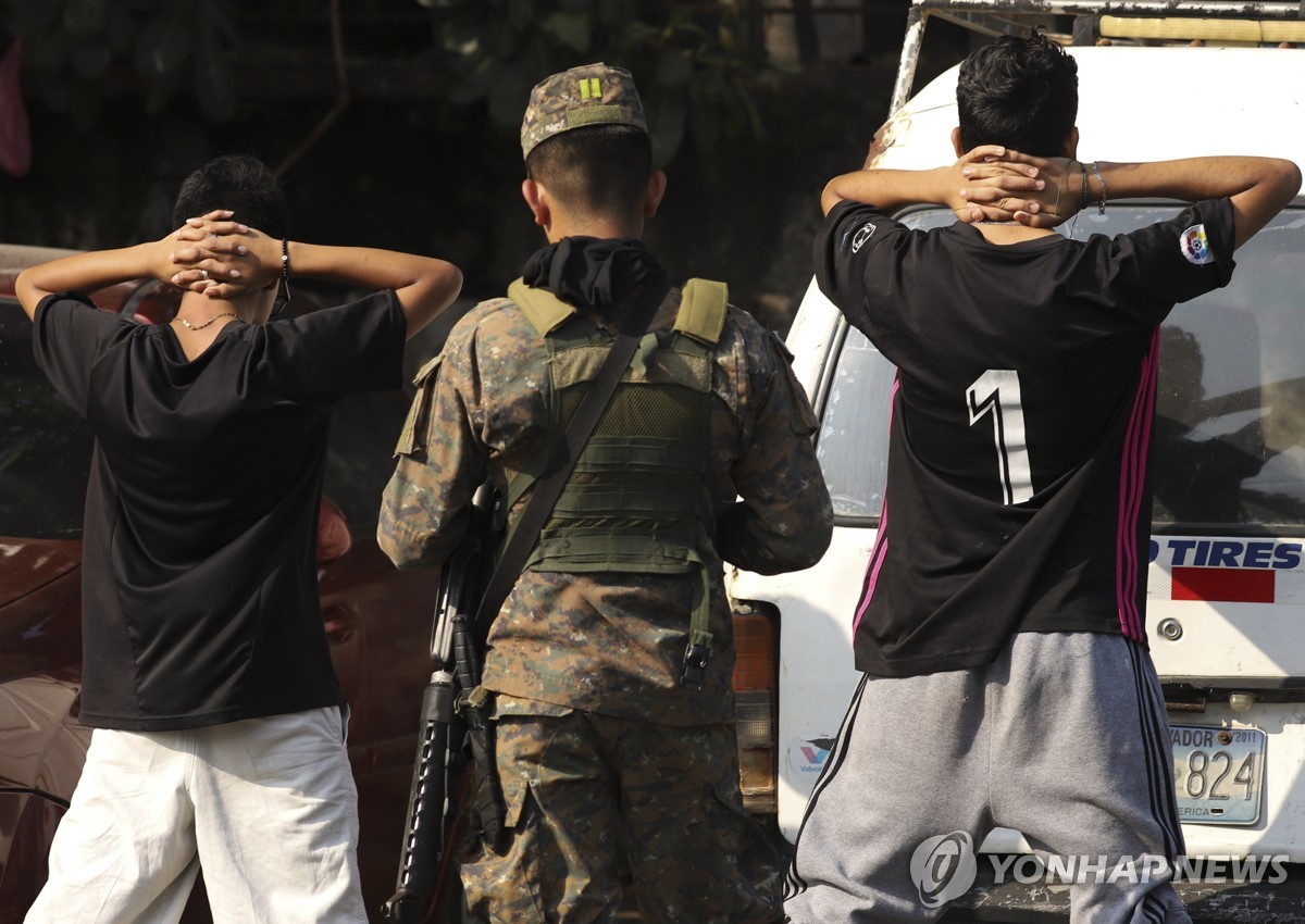 거리에서 청소년들 신원 조회하는 엘살바도르 군인