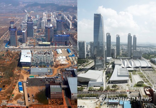송도국제도시 2007년 개발 당시 모습(왼쪽)과 현재 모습