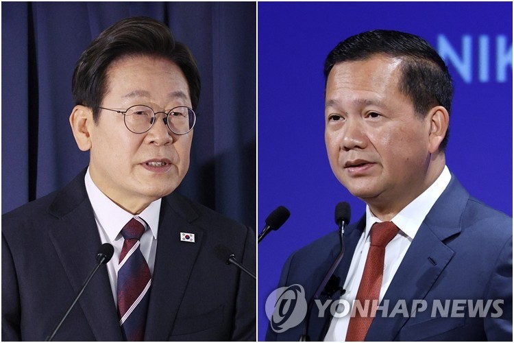 이재명 대통령(왼쪽)과 훈 마네트 캄보디아 총리