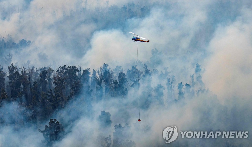 호주에서 소방헬기로 산불을 진화하는 장면