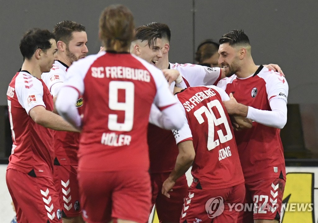 Freiburg players celebrating Jung Woo-young scoring