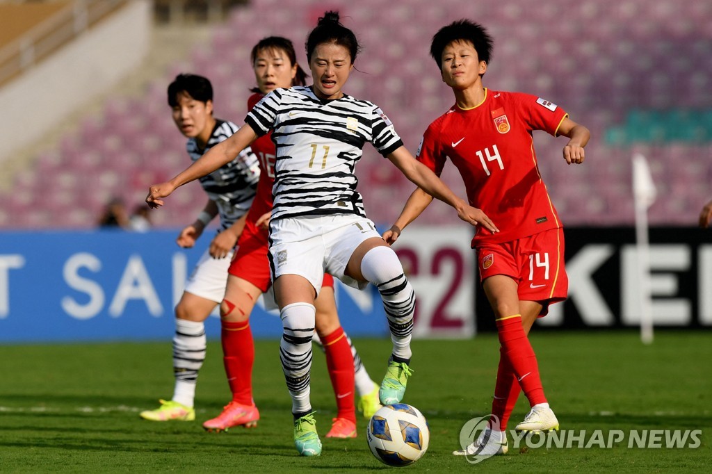 한국과 중국의 여자 아시안컵 결승전 경기 장면