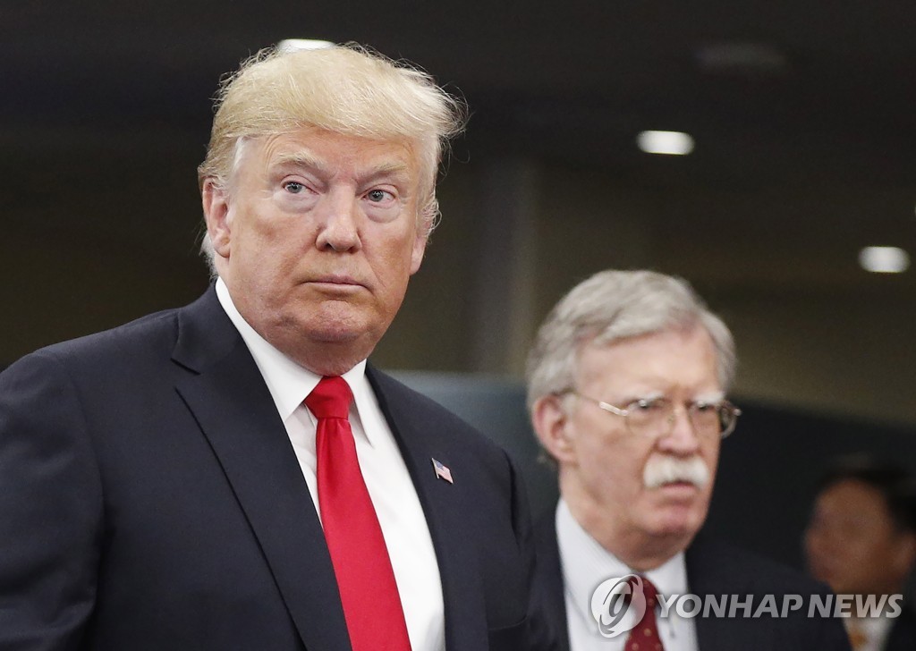 This EPA file photo shows U.S. President Donald Trump (L) and then-U.S. National Security Adviser John Bolton at the 73rd session of the General Assembly of the United Nations at the United Nations Headquarters in New York on Sept. 24, 2018. (Yonhap)
