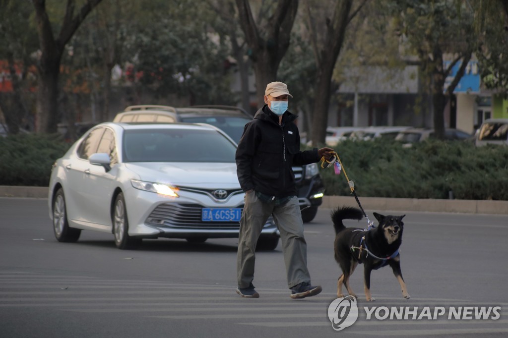 (EPA=연합뉴스) 2021년 11월 중국 베이징에서 한 시민이 반려견과 산책하는 모습. [연합뉴스 자료사진] 2022.5.2.