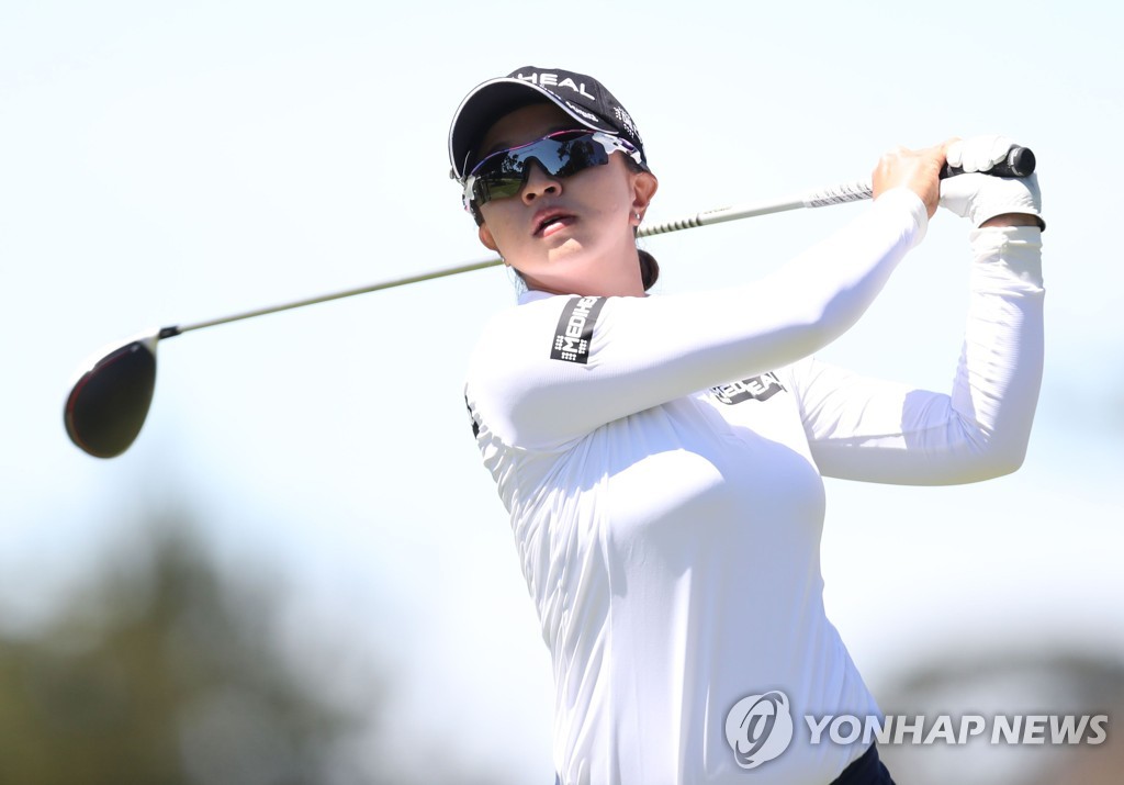 In this Getty Images file photo from June 11, 2021, Kim Sei-young of South Korea hits a shot on the eighth hole during the second round of the LPGA Mediheal Championship at Lake Merced Golf Club in Daly City, California. (Yonhap)