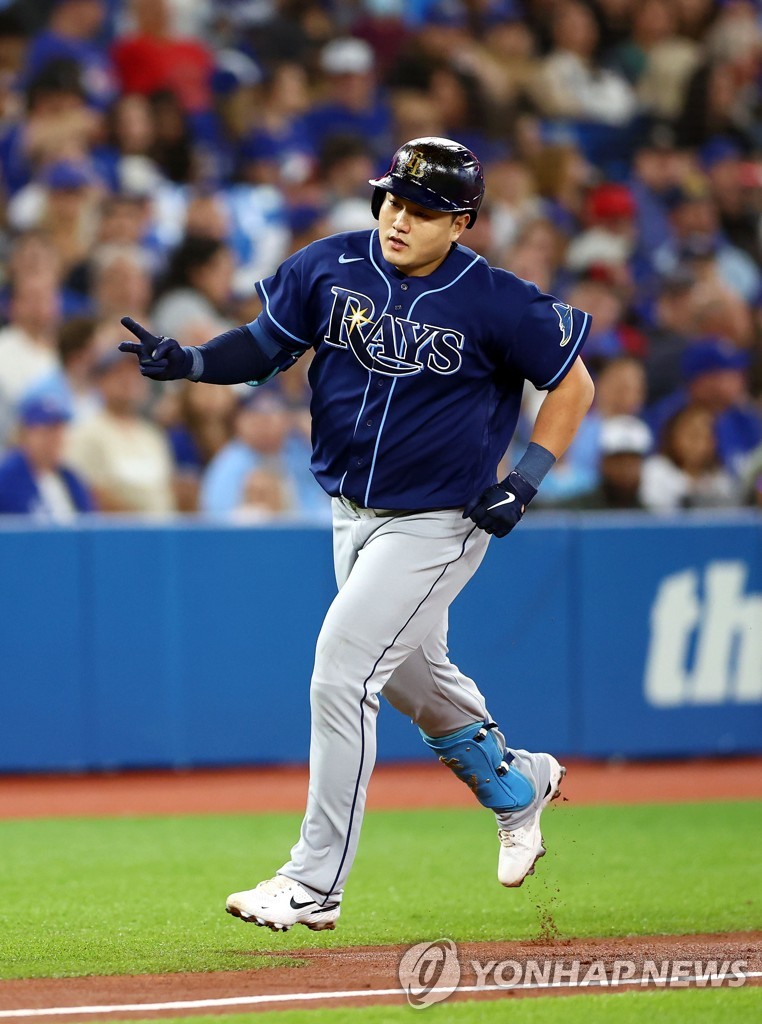 In this Getty Images photo, Choi Ji-man of the Tampa Bay Rays rounds the bases after hitting a solo home run against the Toronto Blue Jays in the top of the third inning of a Major League Baseball regular season game at Rogers Centre in Toronto on Sept. 13, 2022. (Yonhap)