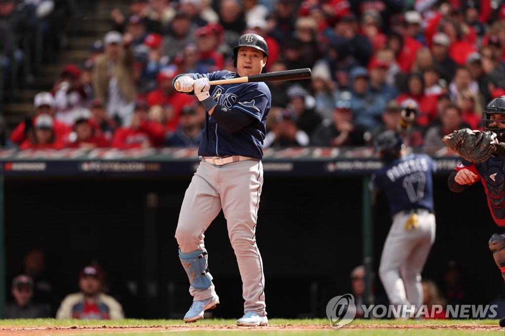 In this Getty Images file photo from Oct. 8, 2022, Choi Ji-man of the Tampa Bay Rays strikes out against the Cleveland Guardians during the top of the second inning of Game 2 of the American League Wild Card Series at Progressive Field in Cleveland. (Yonhap)