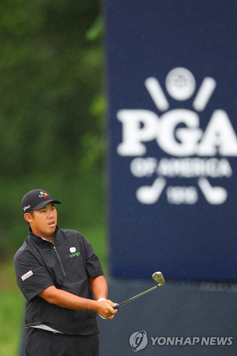 In this Getty Images photo, An Byeong-hun of South Korea hits a shot on the eighth hole during a practice round for the PGA Championship at Valhalla Golf Club in Louisville, Kentucky, on May 14, 2024. (Yonhap)